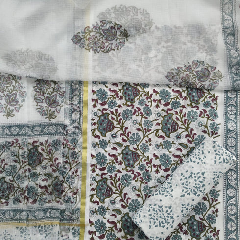 Designer Hand Block Print Cotton Suit Set with Kota Doria Dupatta (3CKD53)